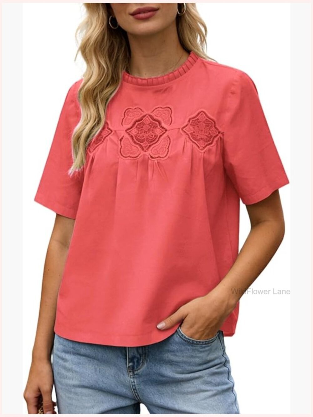 Women's Cotton Lace Flared Blouse Short Sleeve Crew Neck Babydoll Top Mesh